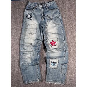 Vintage Noiz Baggy Stonewashed Denim Jeans Embroidered Patches Y2K 32x34